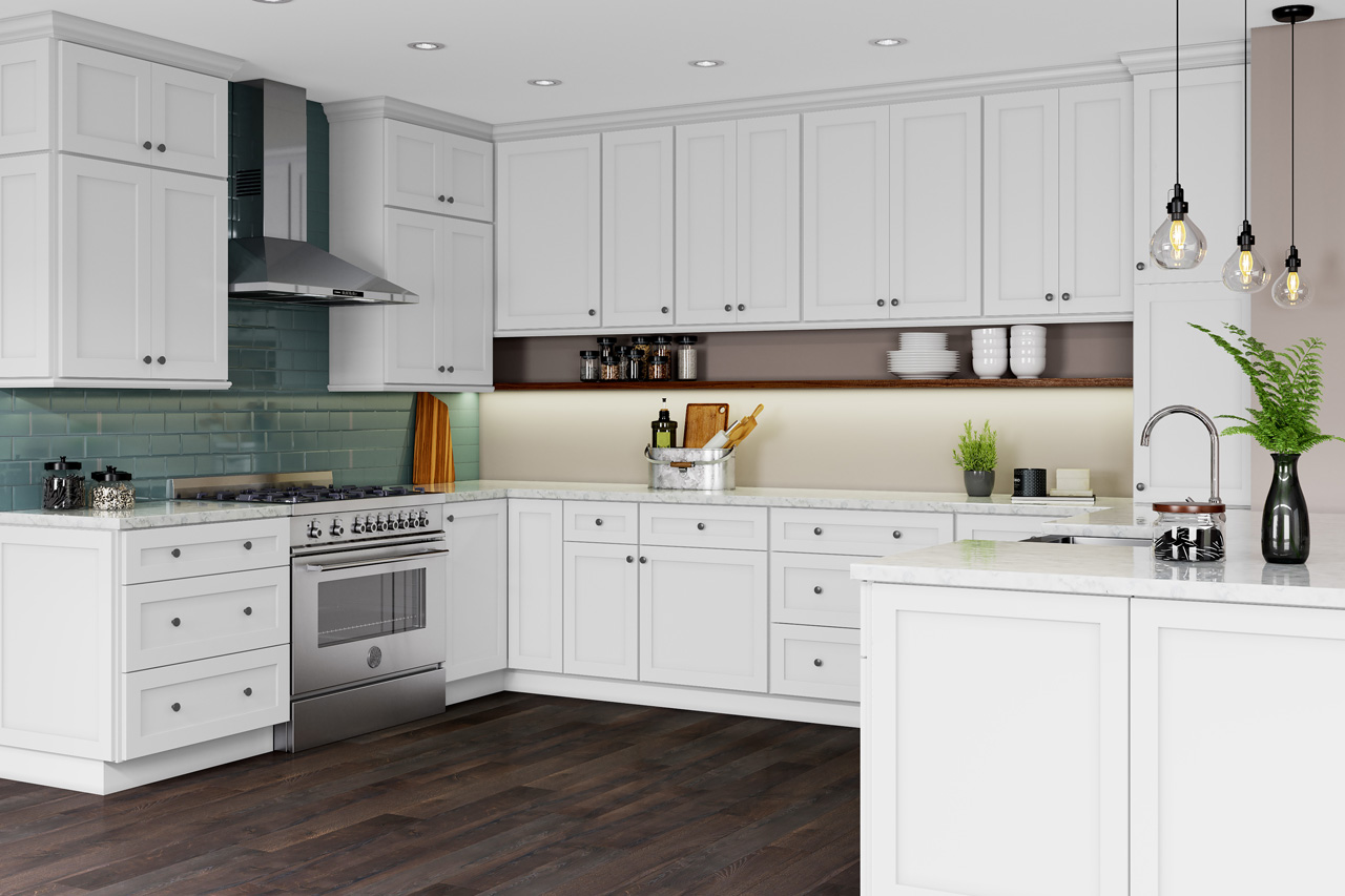 Luxury kitchen with wide island and layered lighting