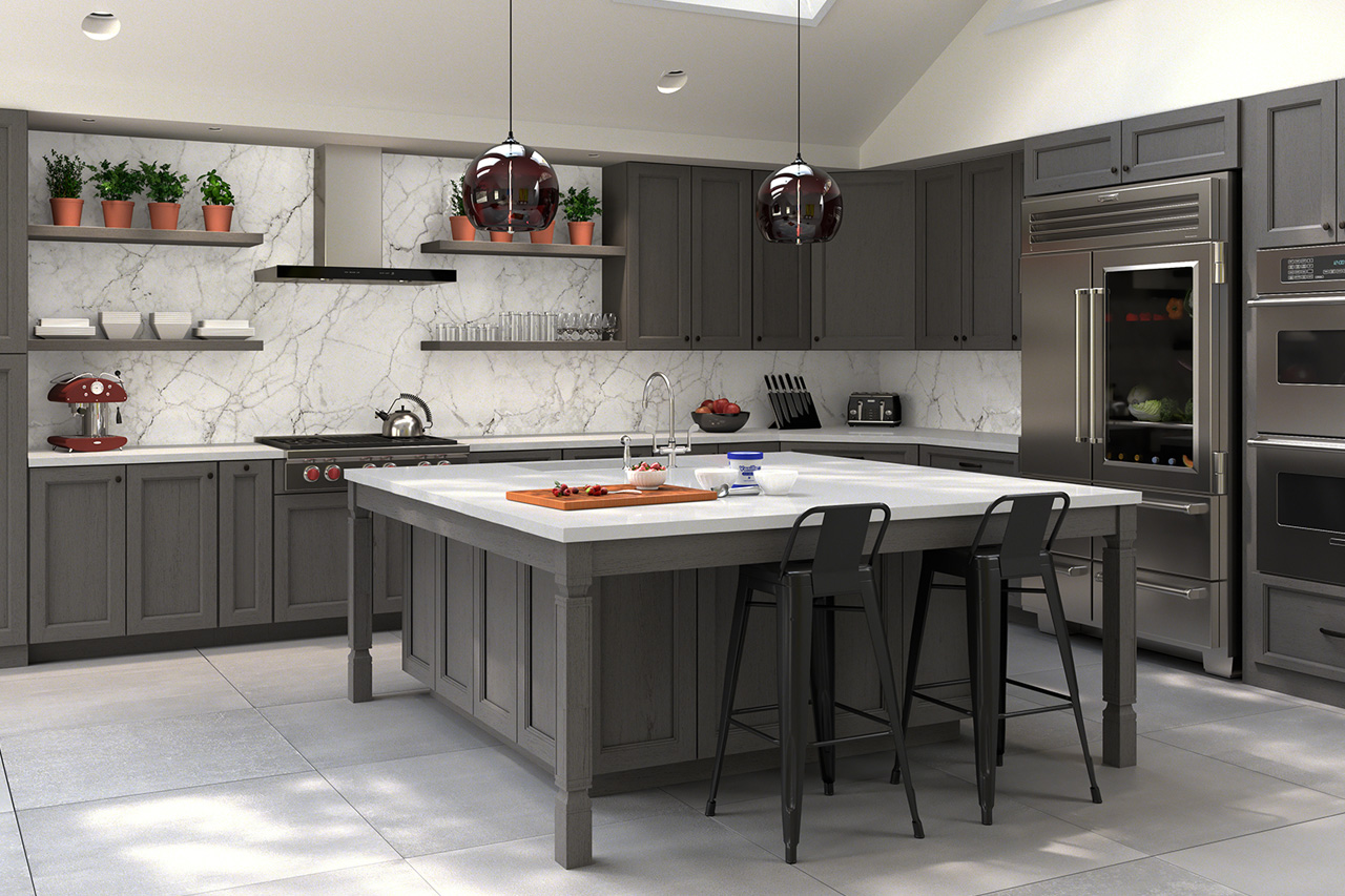Contemporary kitchen with grey cabinetry and statement island