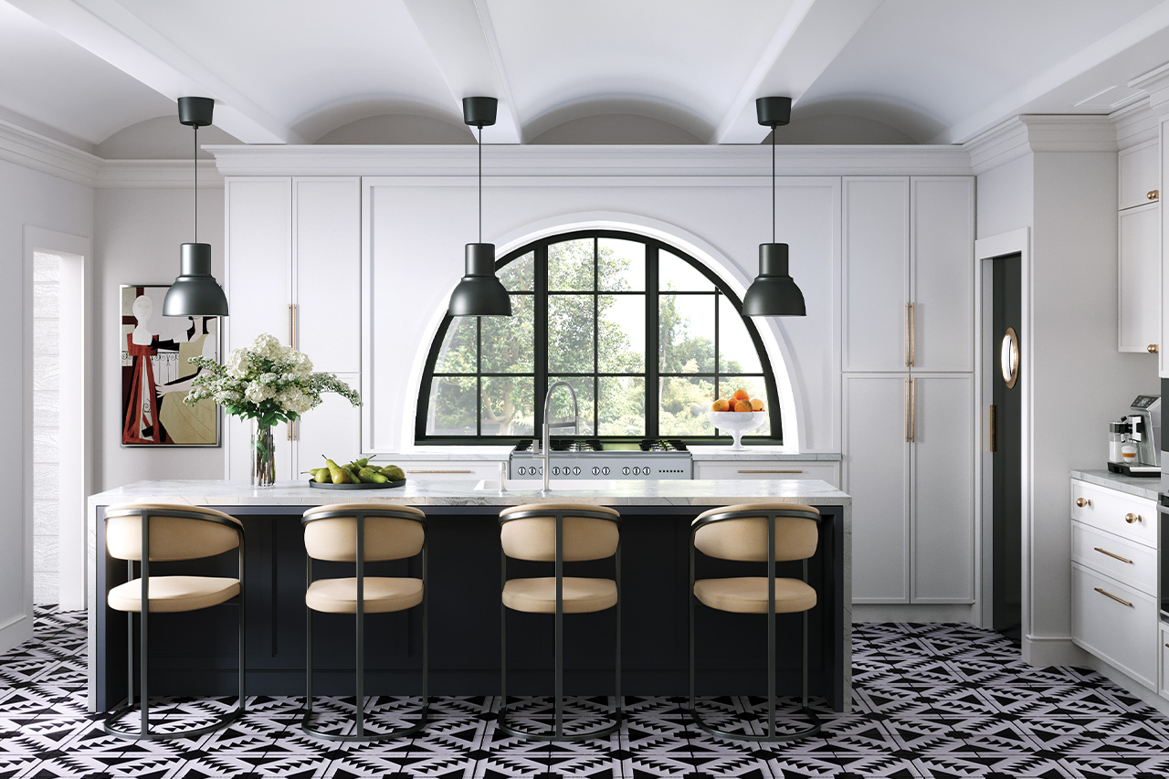 White kitchen with stone counters and warm neutral styling