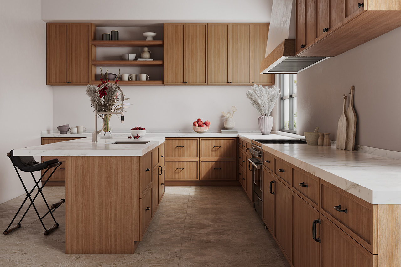 Warm kitchen with rich cabinetry and stone island